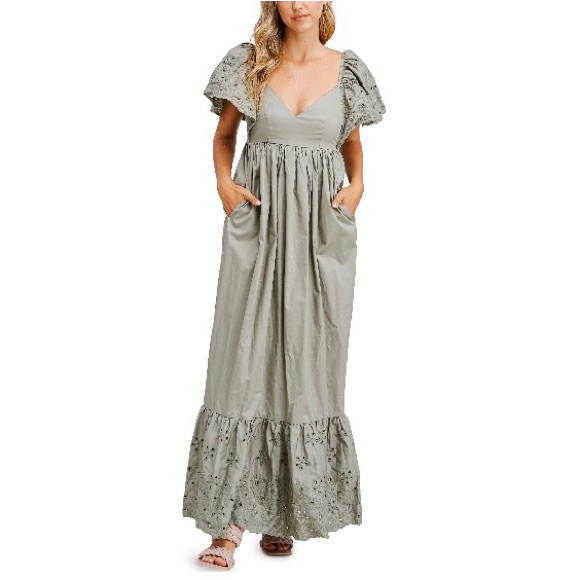 En Saison | Eyelet Detail Flutter Sleeve Poplin Maxi Dress